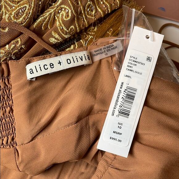 Alice + Olivia Karolina Embroidered Gold and Camel Tiered Maxi Dress Size 10 - Picture 10 of 11